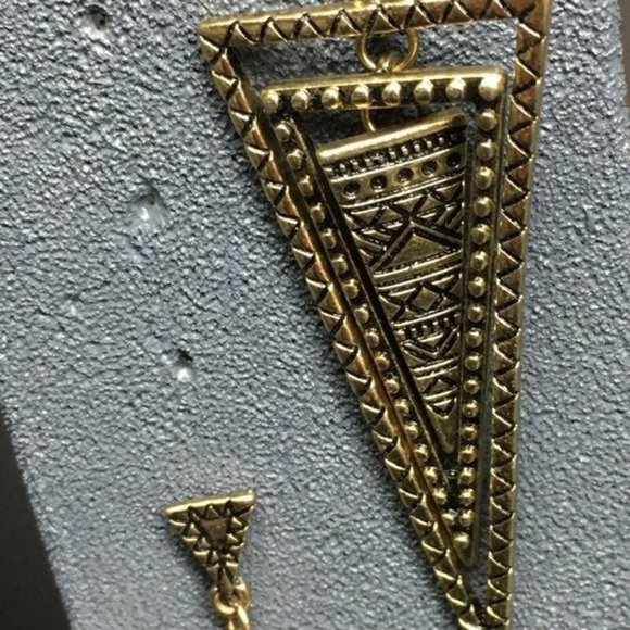 Gold Necklace Earrings Triple Chain Triangle Brown Stone V - Picture 6 of 10